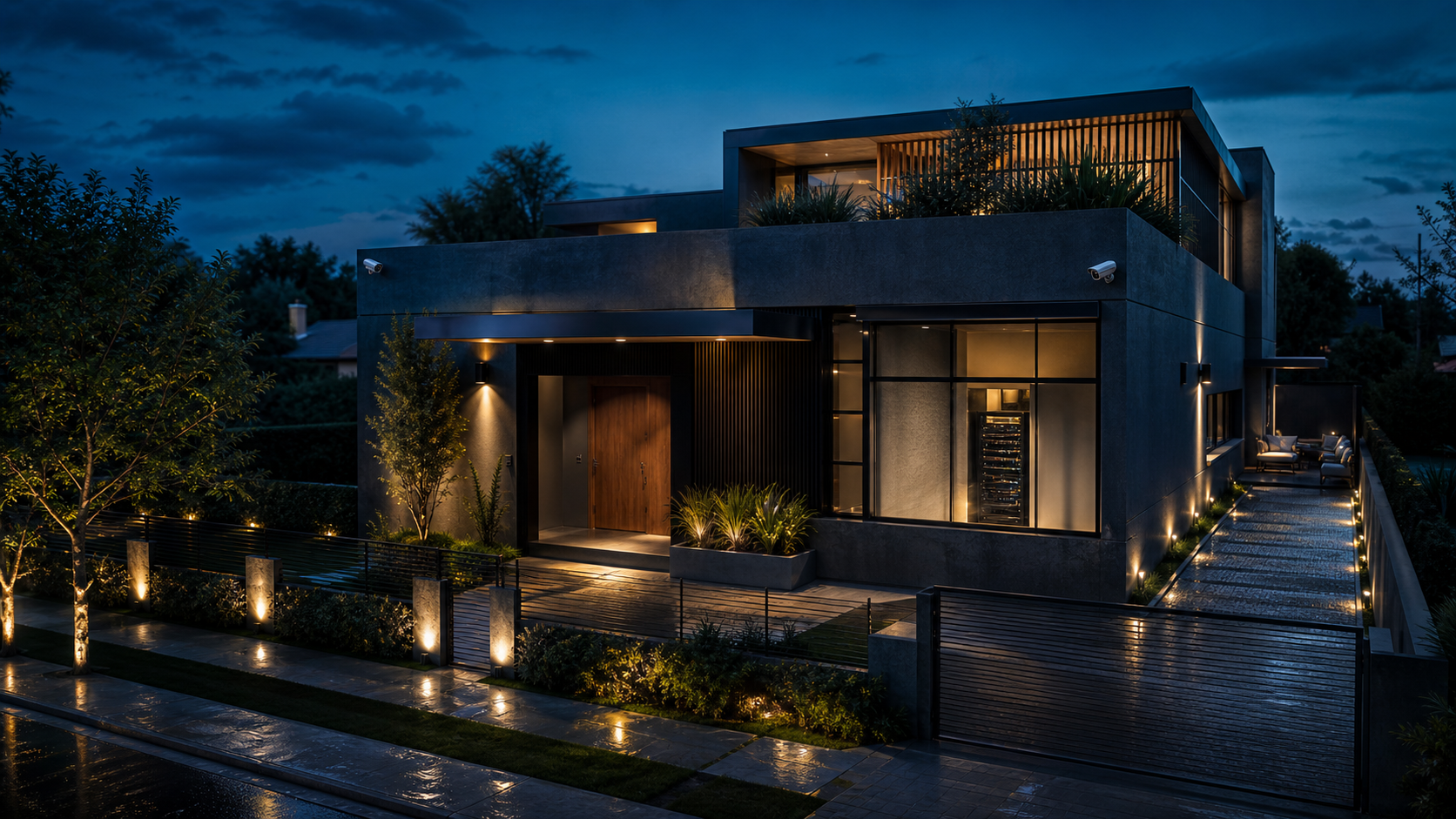 Casa moderna protegida por WARD.IA durante la noche